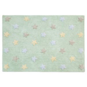 Mint  rug with blue, yellow and grey stars
