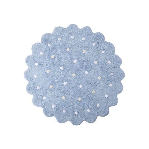 Blue cookie rug with white and beige dots